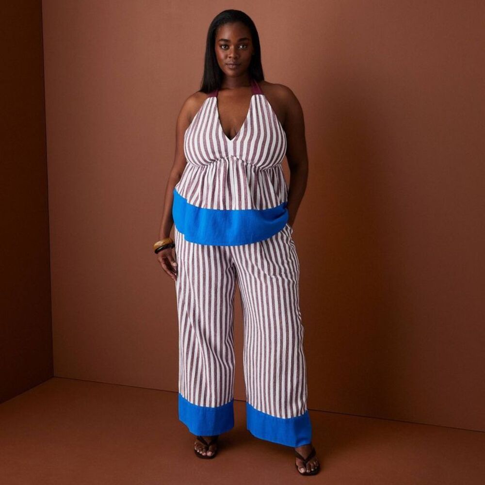 Women's Halter Striped Babydoll Top - Rosie Assoulin Burgundy/Blue 3X